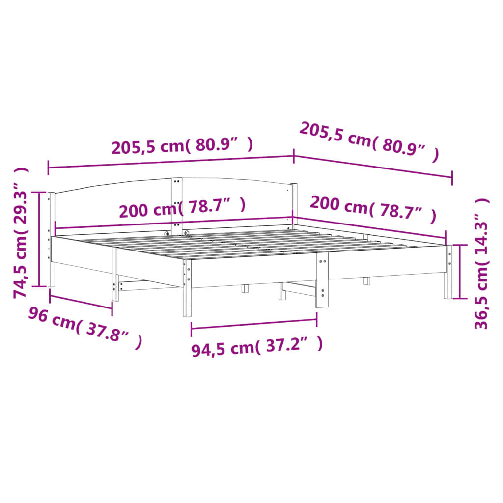 Sengeramme med madrass hvit 200x200 cm heltre furu