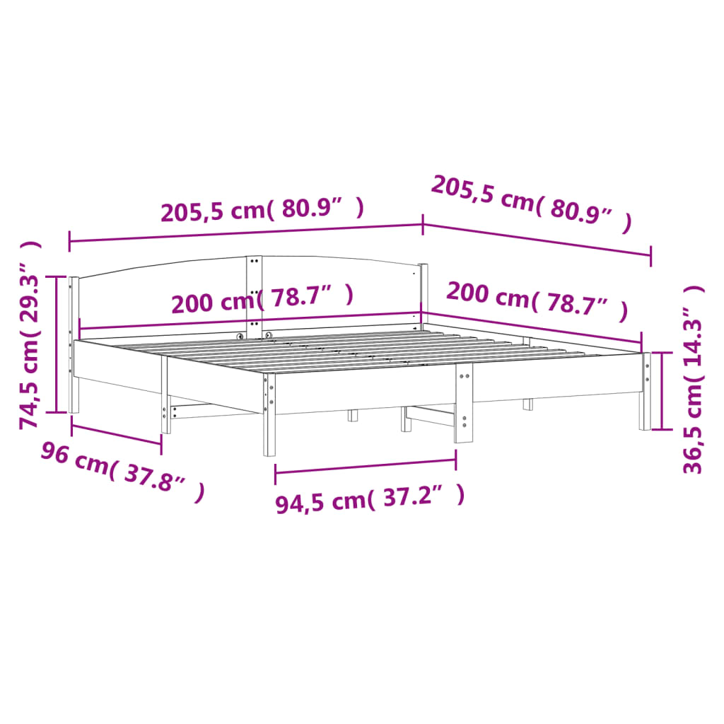 Sengeramme uten madrass voksbrun 200x200 cm heltre furu