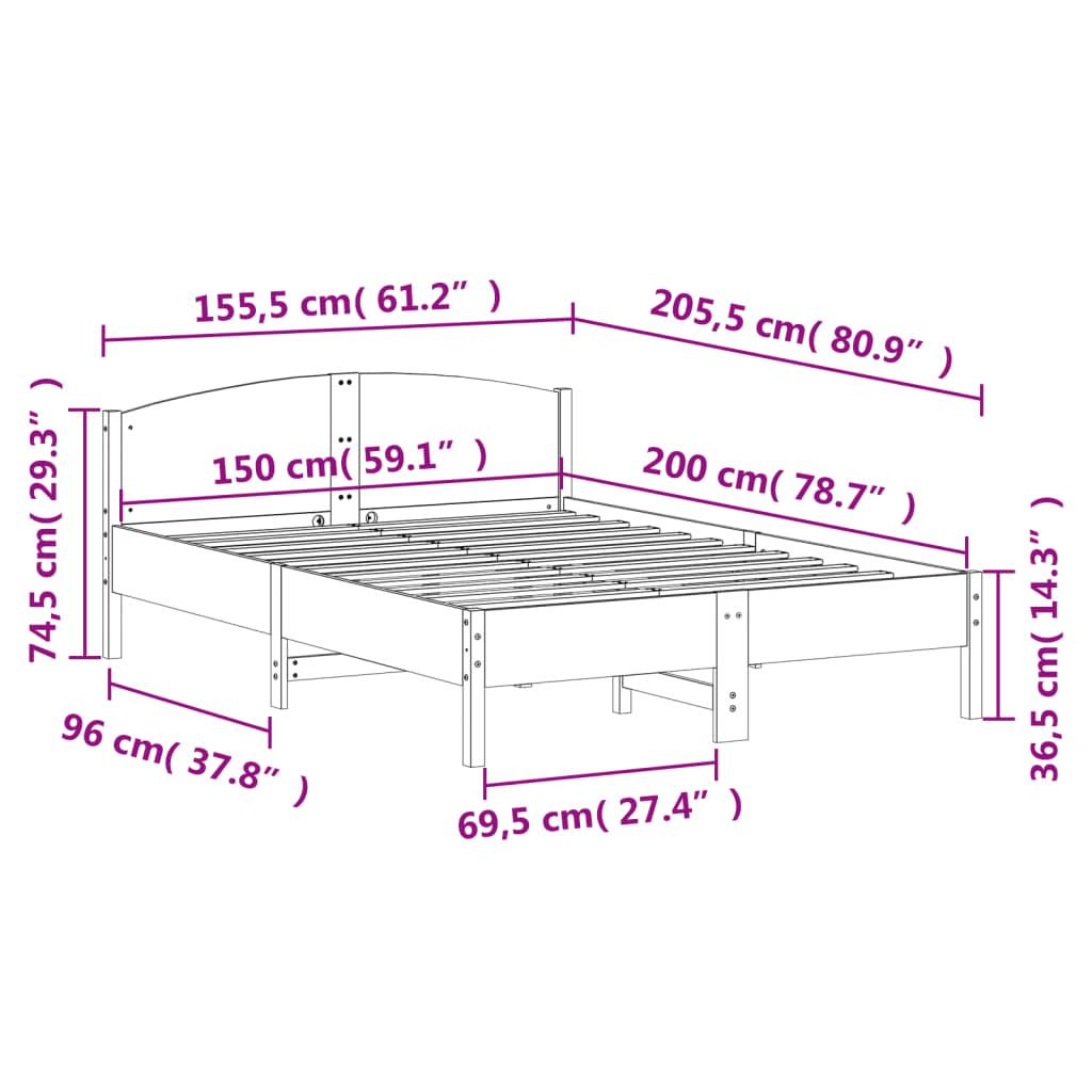 Sengeramme uten madrass hvit 150x200 cm heltre furu
