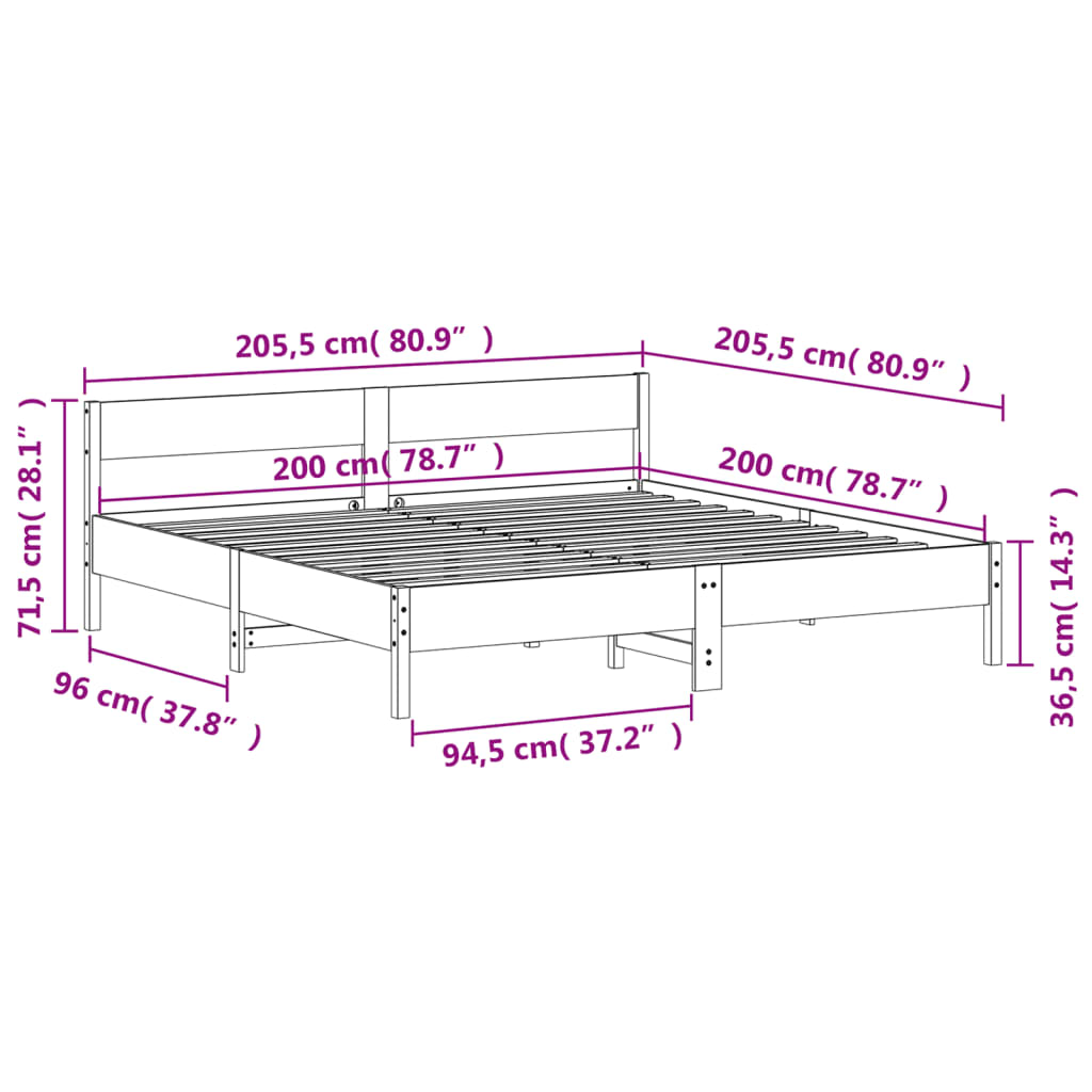 Sengeramme med madrass hvit 200x200 cm heltre furu