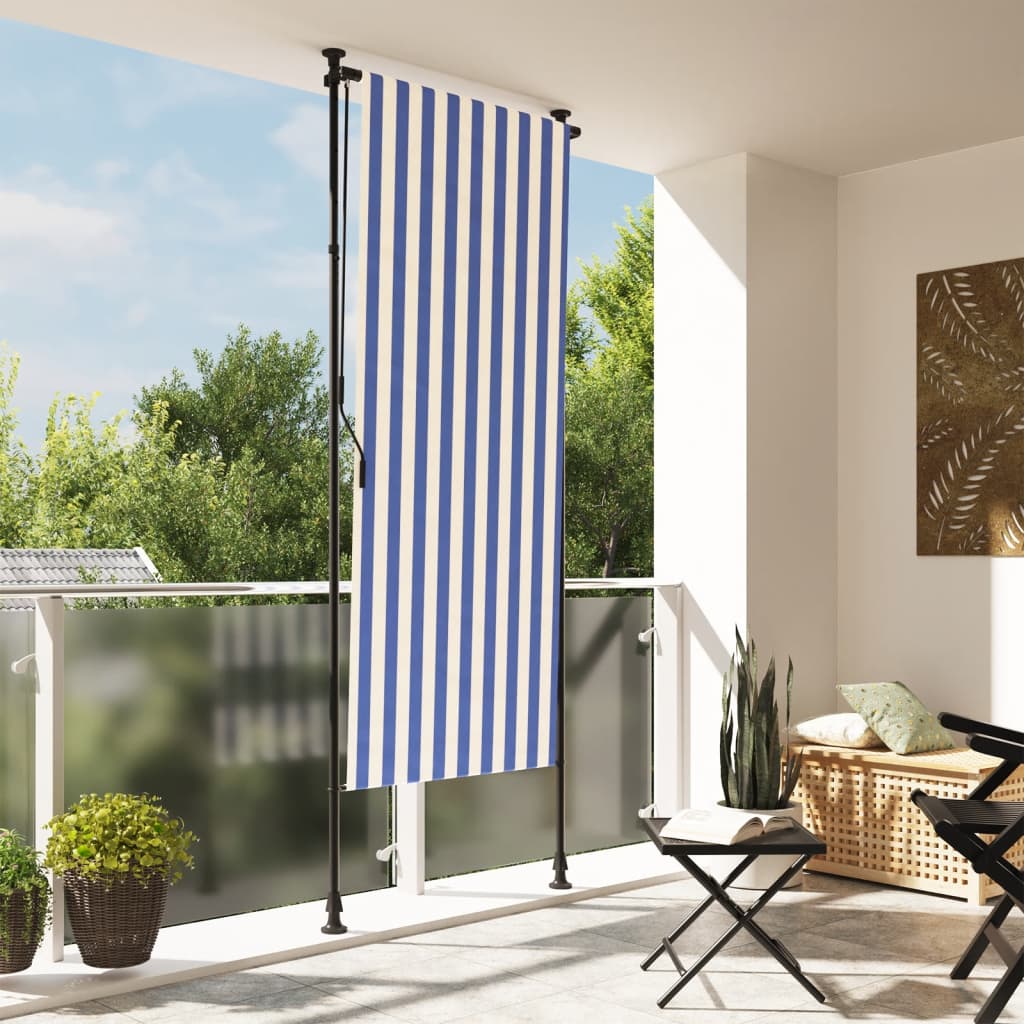 Utendørs rullegardin blå og hvit 120x270 cm stoff og stål