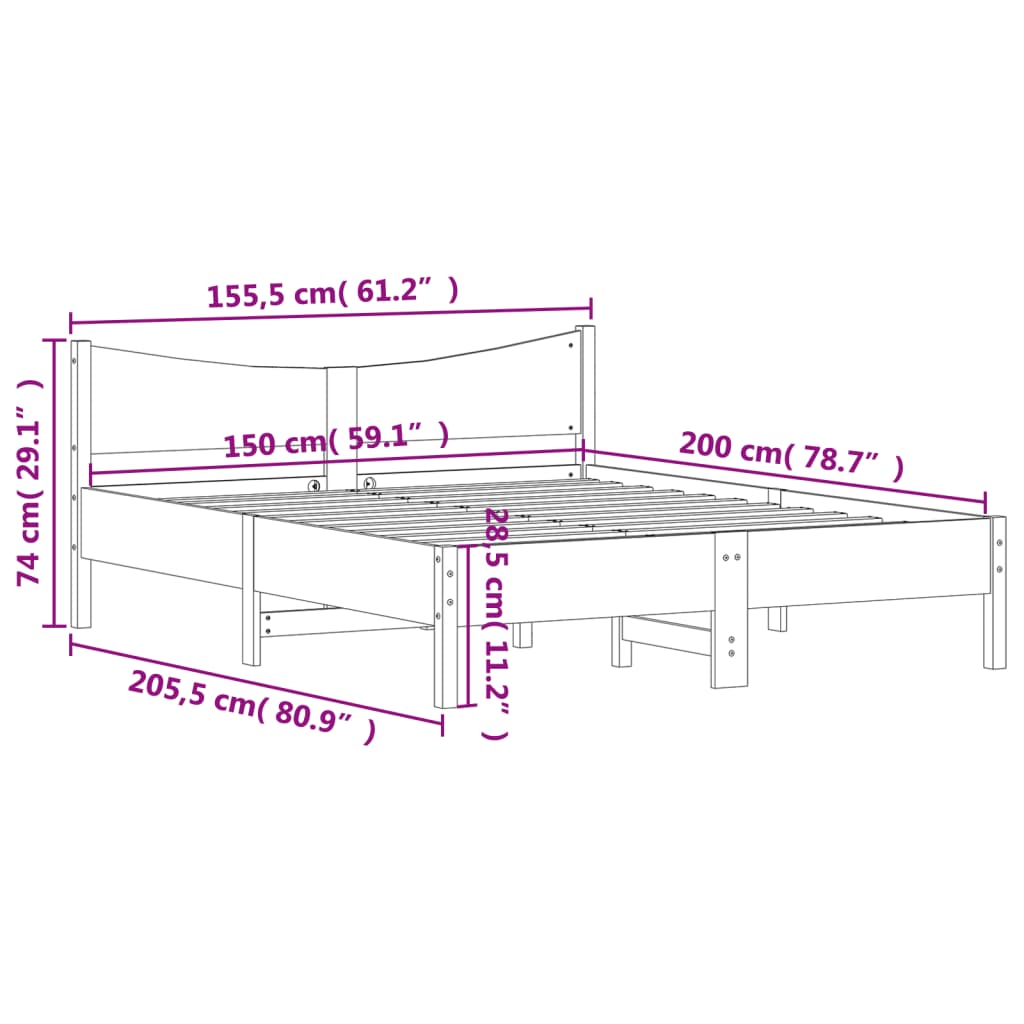 Sengeramme uten madrass hvit 150x200 cm heltre furu