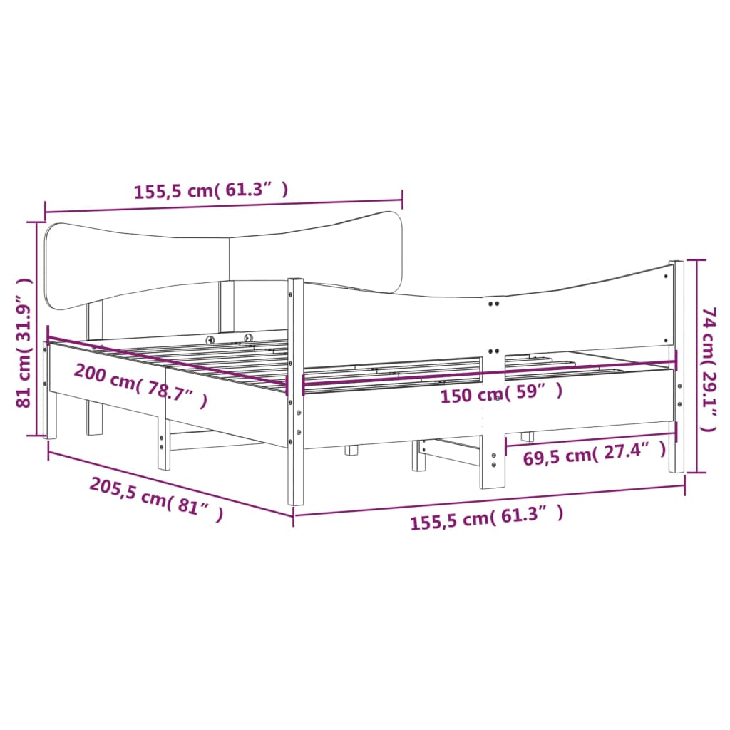 Sengeramme uten madrass brun 150x200 cm heltre furu