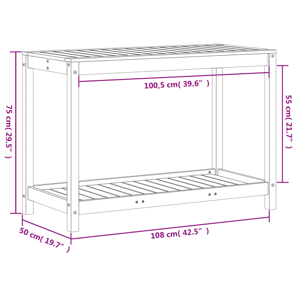Pottebord med hylle 108x50x75 cm heltre furu vidaXL