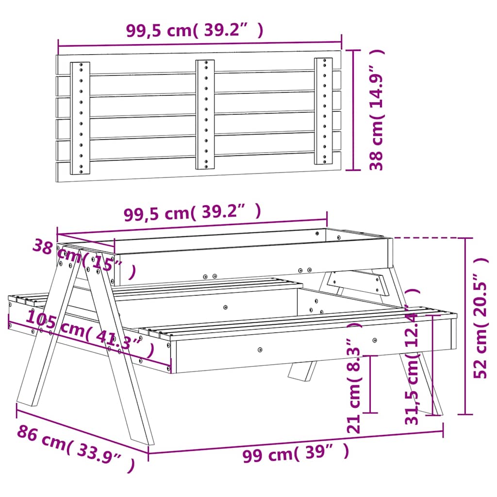 Piknikbord med sandkasse for barn heltre furu
