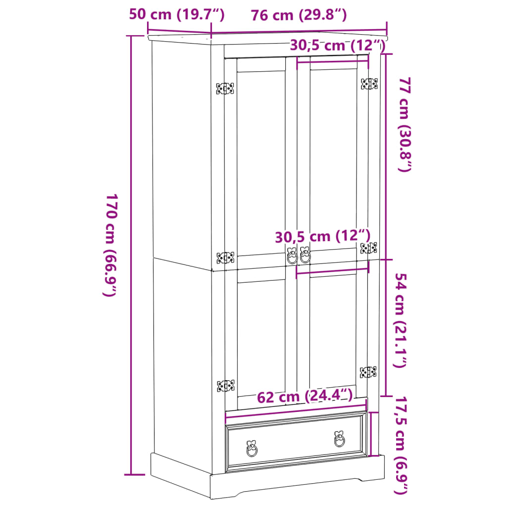 Garderobe Corona 76x50x170 cm heltre furu