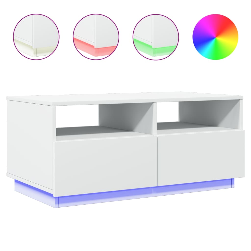 Salongbord med LED-lys hvit 90x49x40 cm