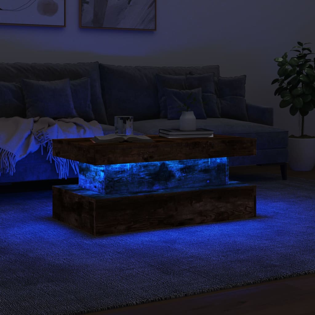 Salongbord med LED-lys røkt eik 90x50x40 cm