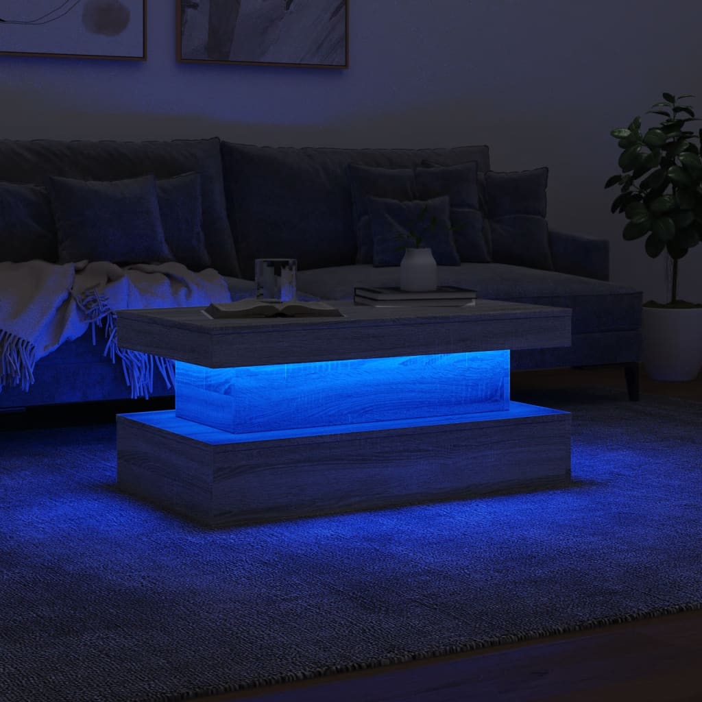 Salongbord med LED-lys grå sonoma 90x50x40 cm