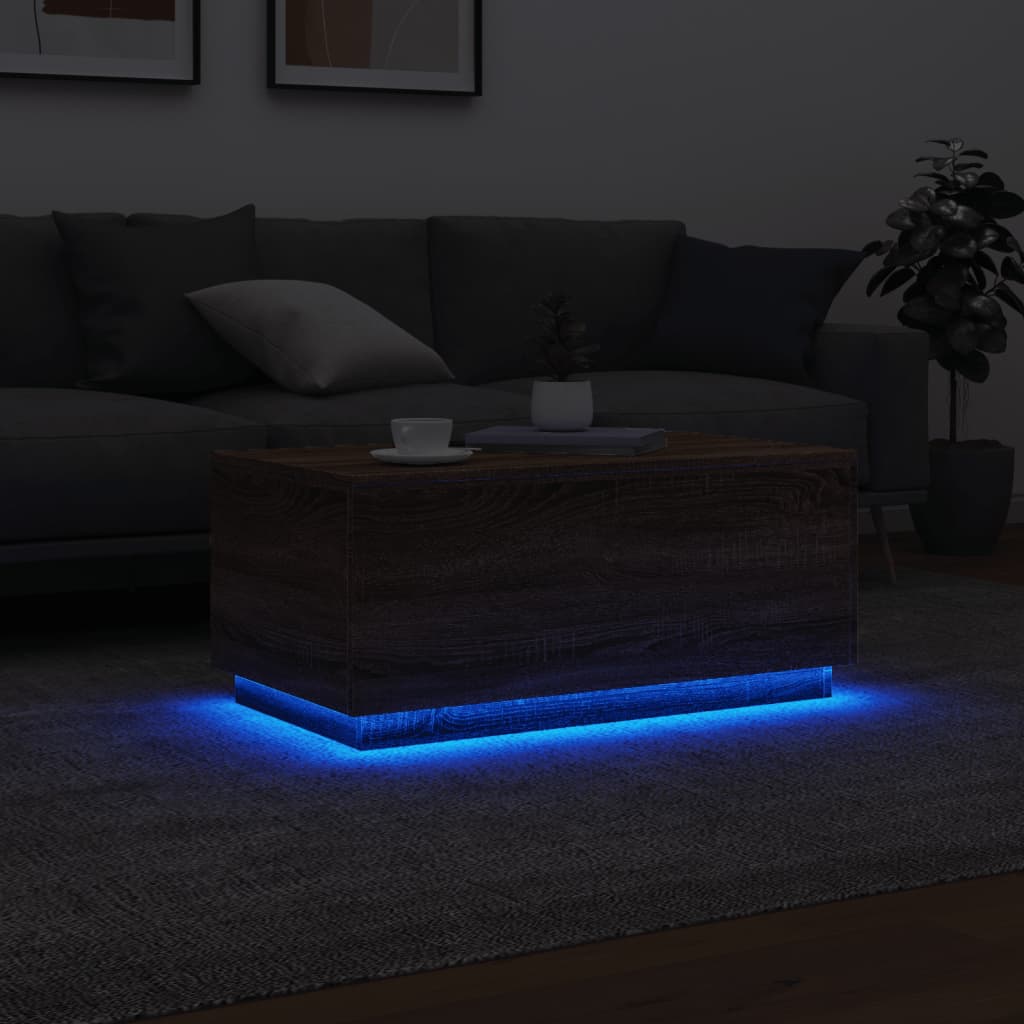 Salongbord med LED-lys brun eik 90x50x40 cm