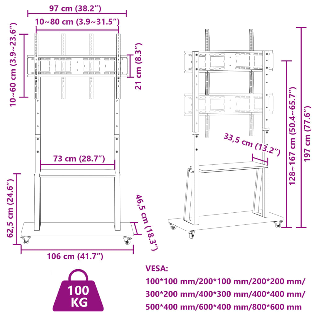 TV-stativ med hjul 32-90 tommers skjerm VESA 800x600 mm 100 kg