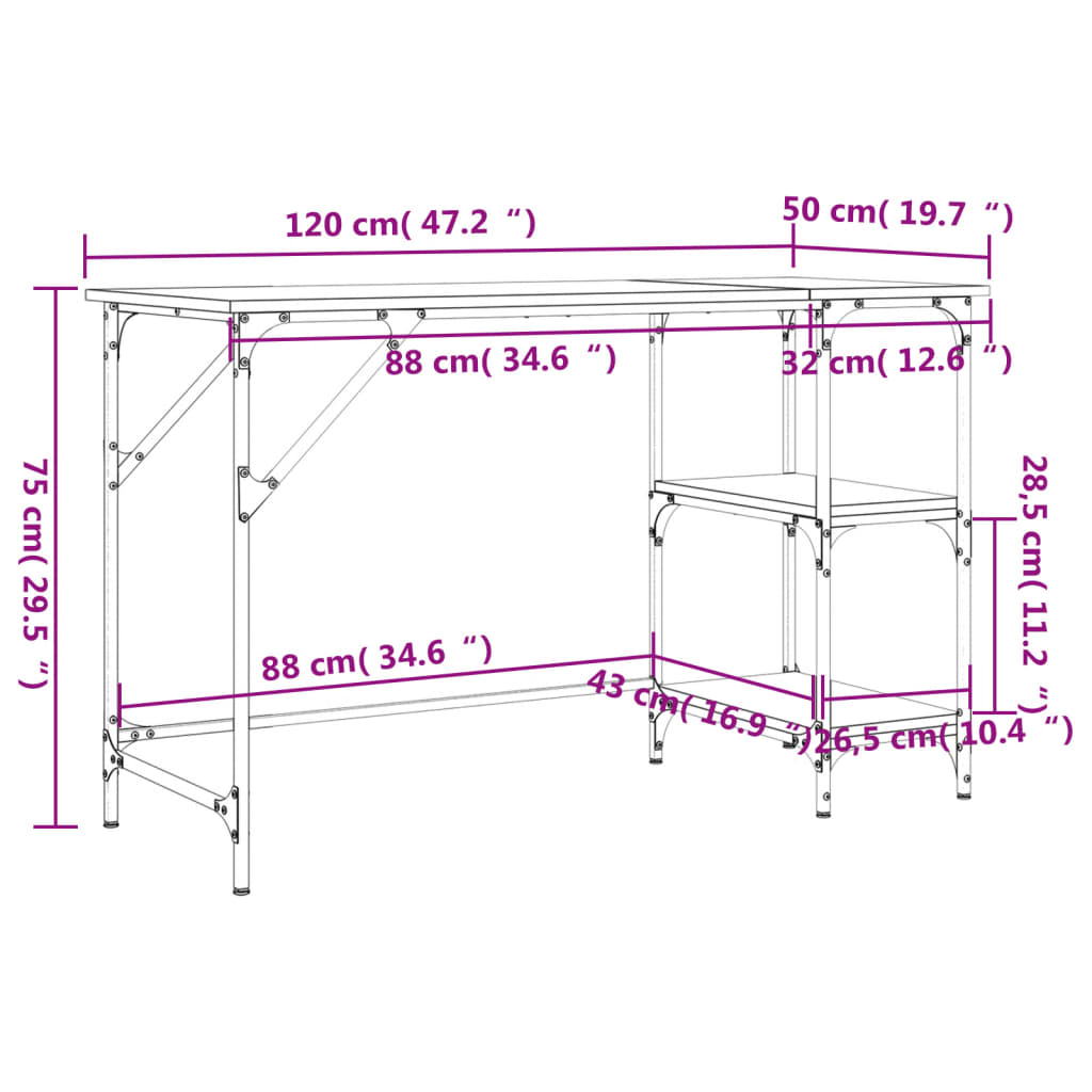 Skrivebord grå sonoma 120x50x75 cm metall og konstruert tre
