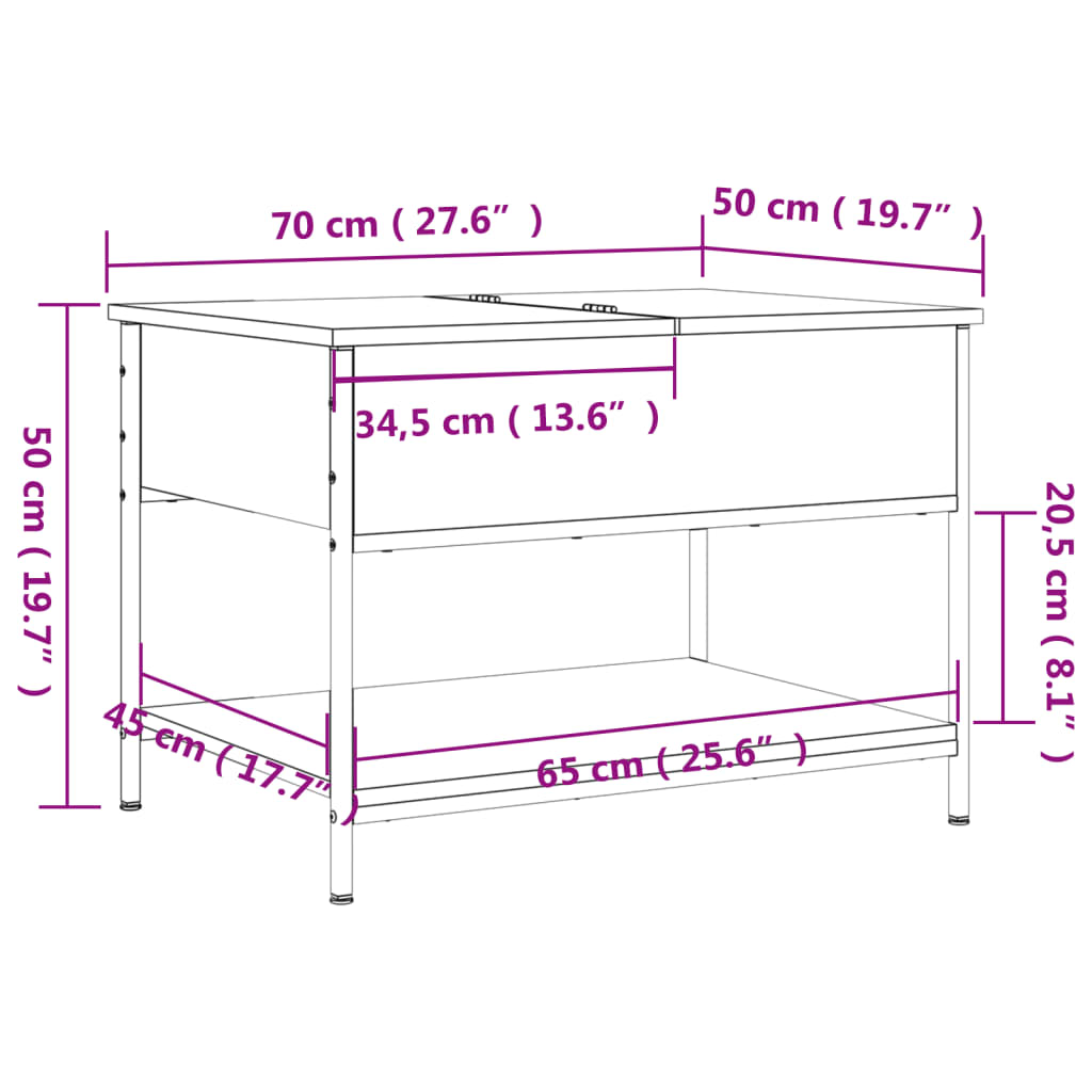Salongbord brun eik 70x50x50 cm konstruert tre og metall