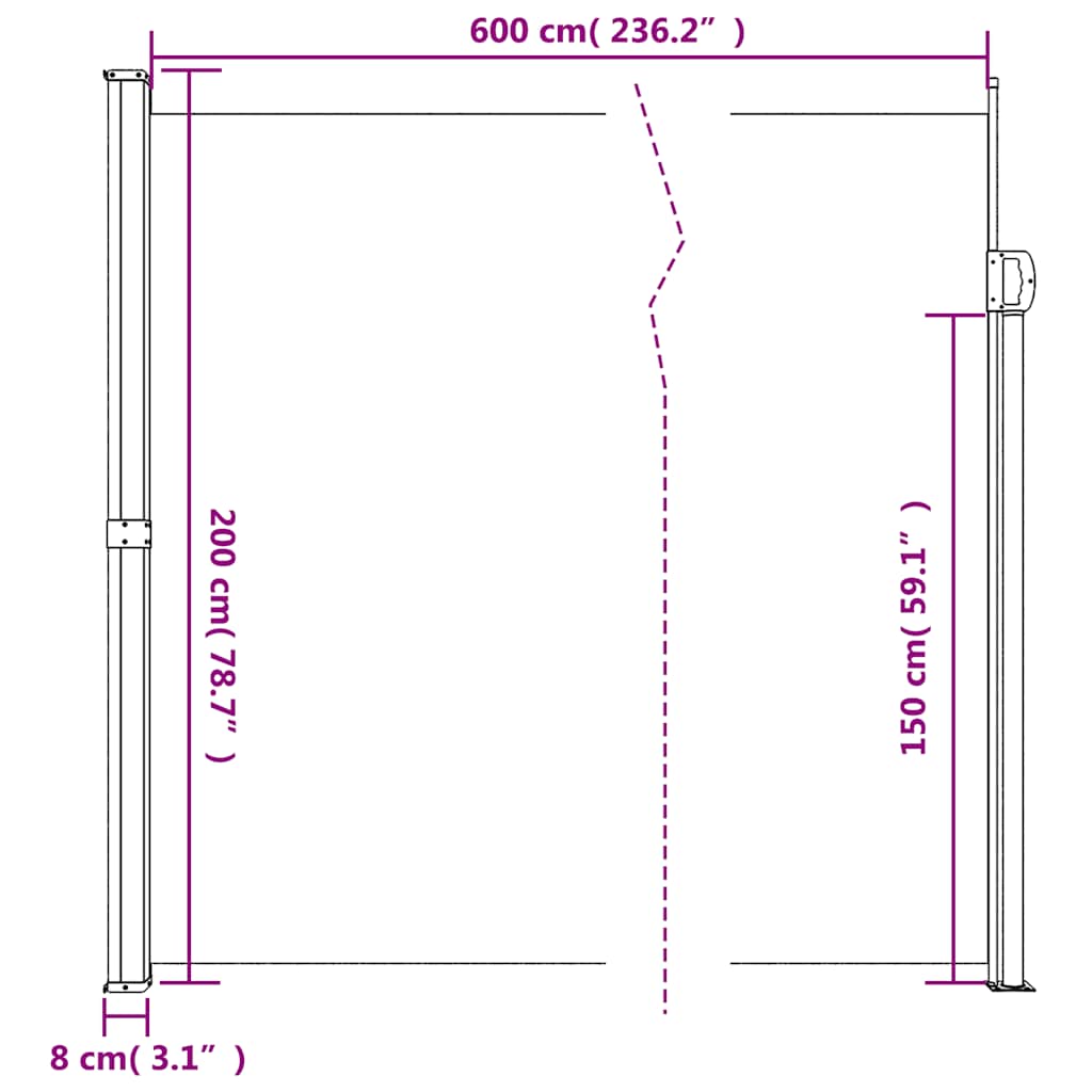 Uttrekkbar sidemarkise hvit 200x600 cm