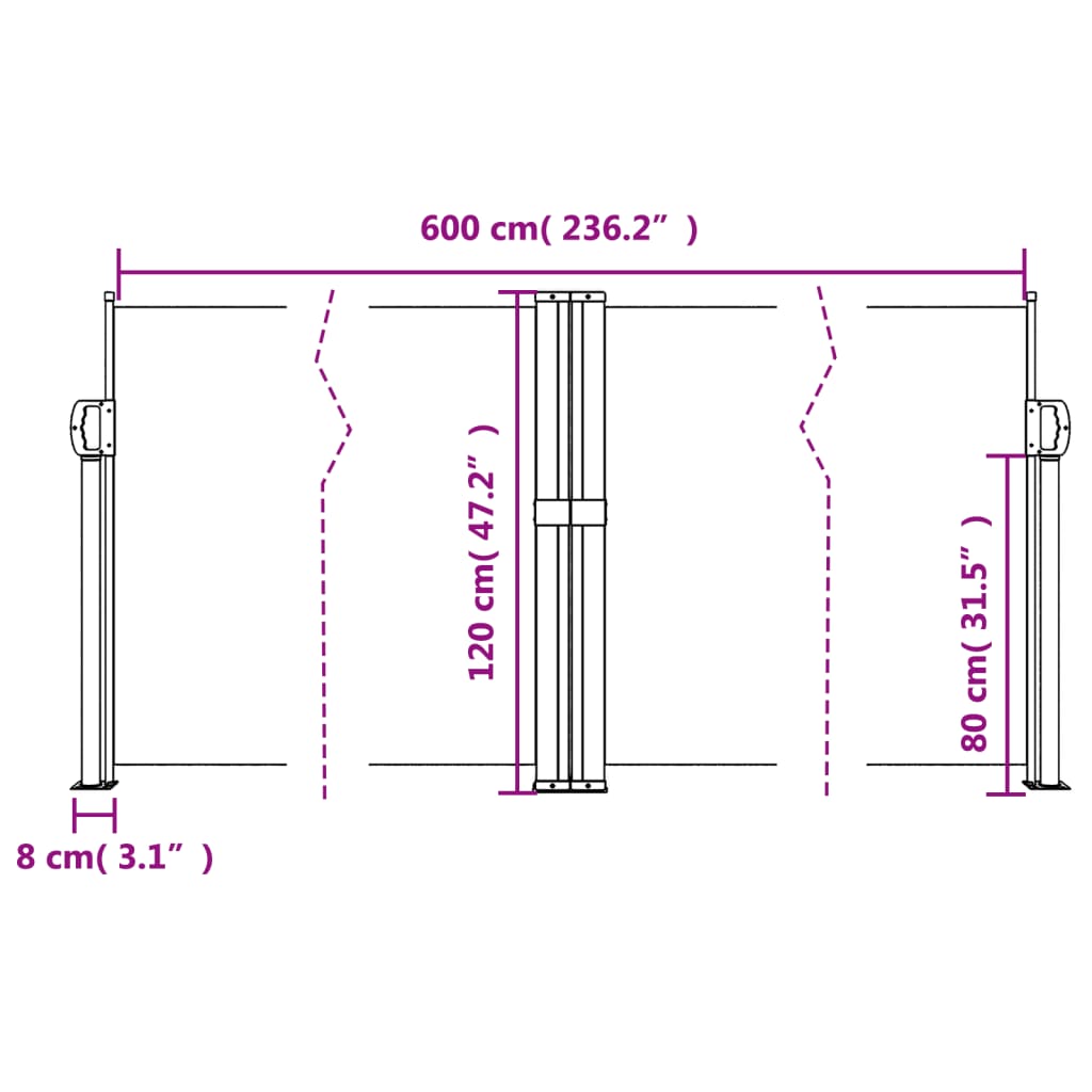 Uttrekkbar sidemarkise 120x600 cm rød