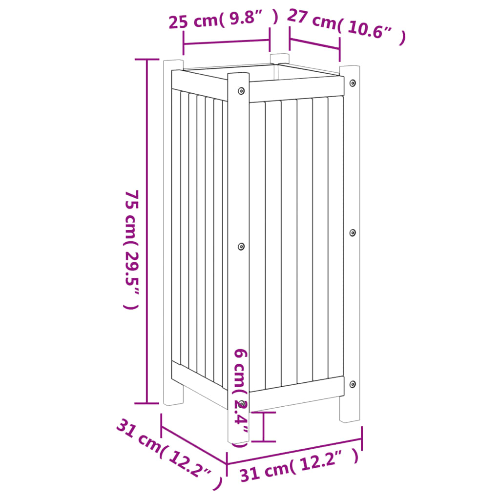 Plantekasse med foring 31x31x75 cm helte akasie
