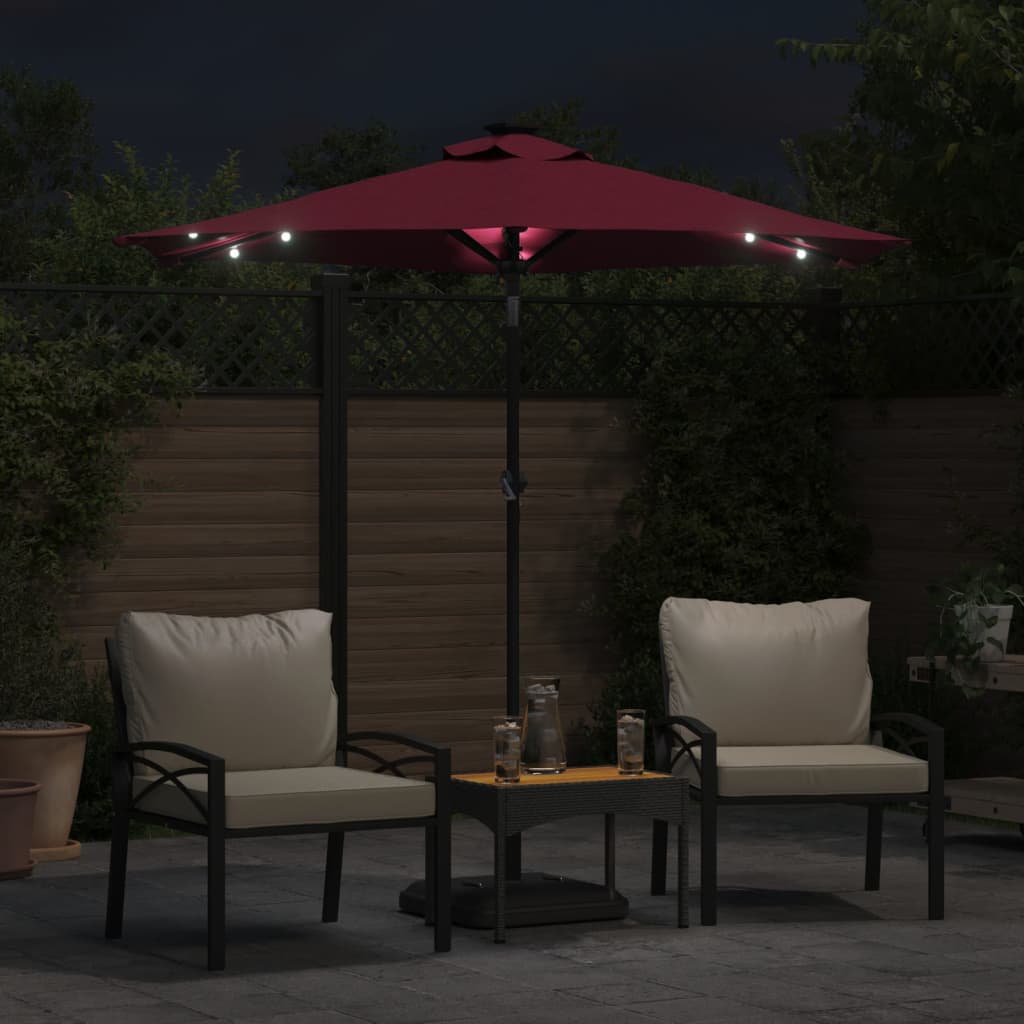 Hageparasoll med LED og stålstang vinrød 225x225x212 cm