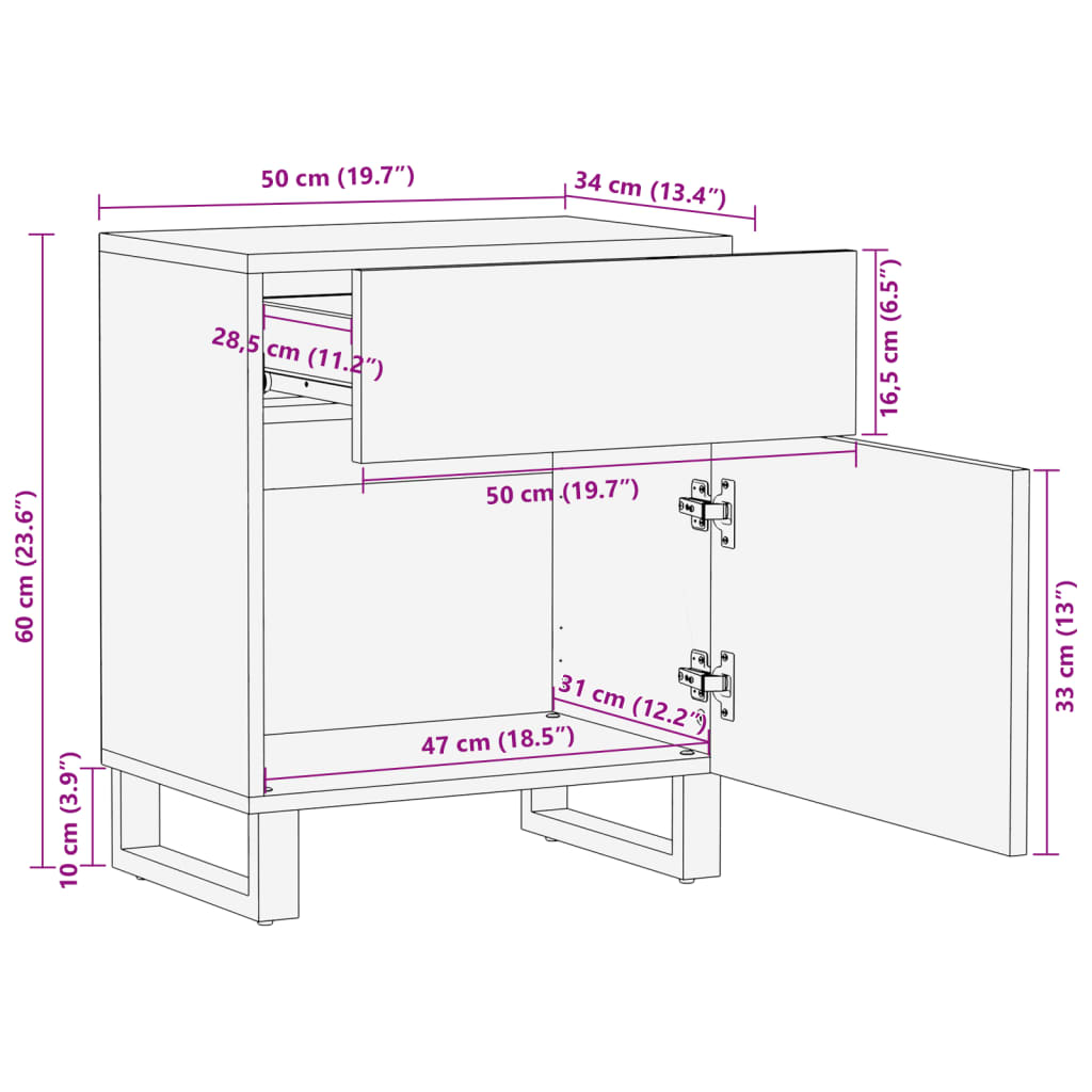 Nattbord hvit 50x34x60 cm heltre mango