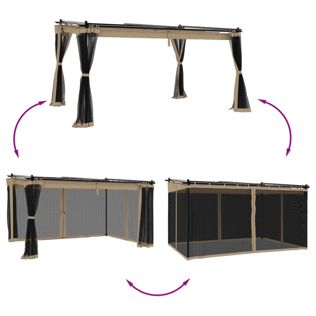 Paviljong med nettingvegger gråbrun 4x3 m stål