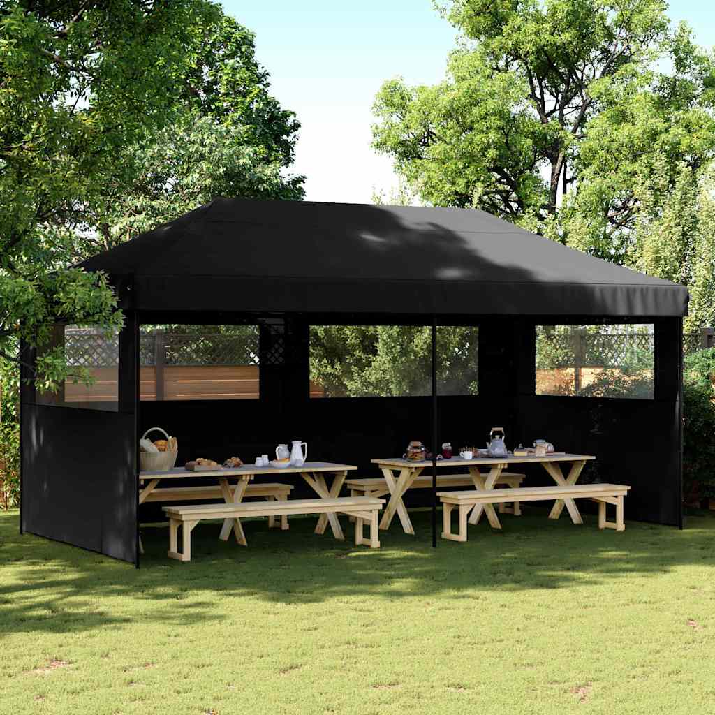 Sammenleggbart partytelt pop-up med 3 sidevegger svart