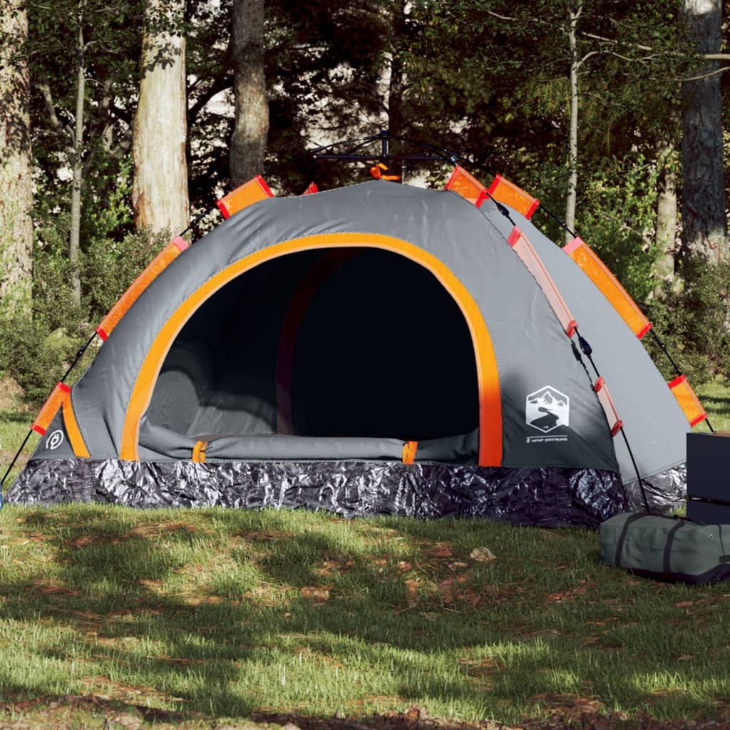 Campingtelt 4 personer grå og oransje hurtigutløser