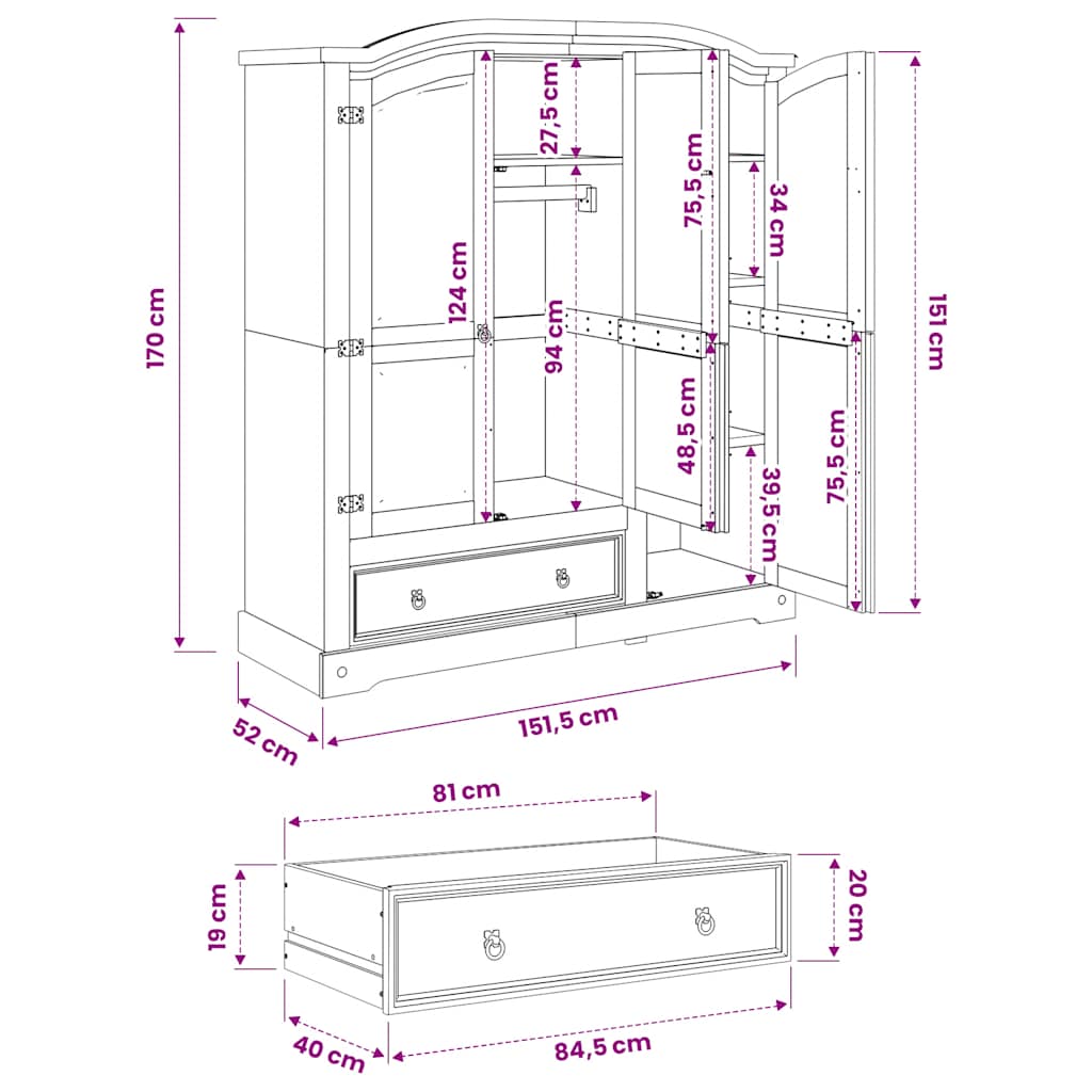 Garderobe Corona 151,5x52x170 cm heltre furu