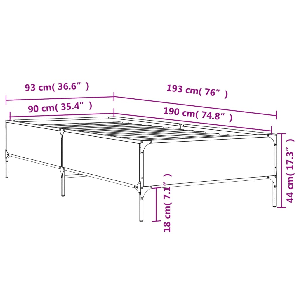 Sengeramme sonoma eik 90x190 cm konstruert tre og metall
