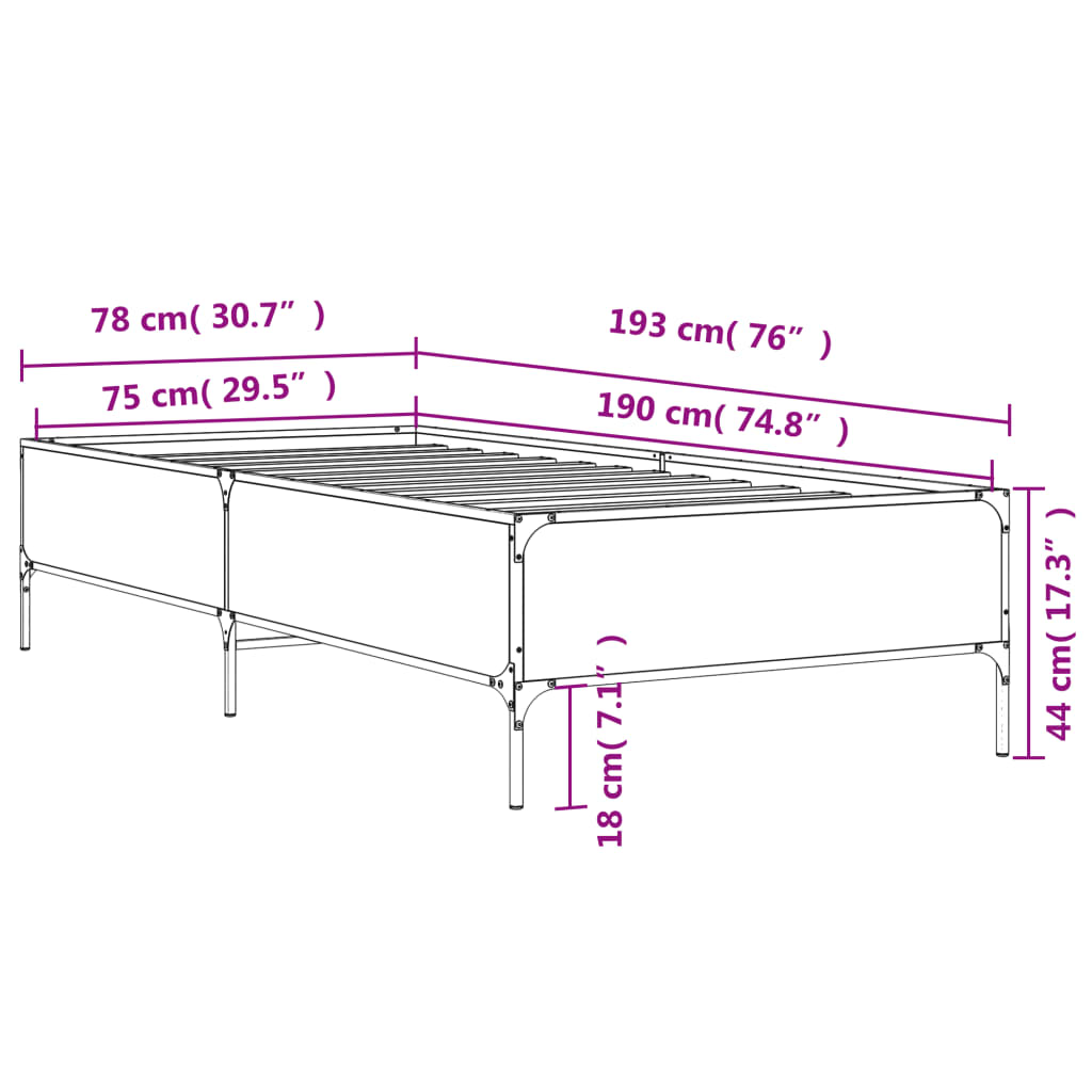 Sengeramme grå sonoma 75x190 cm konstruert tre og metall