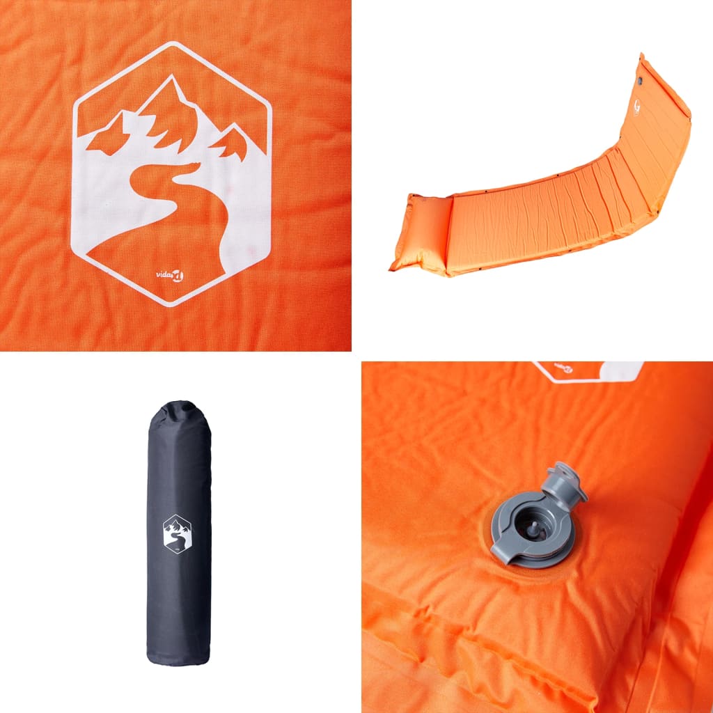 Selvoppblåsende campingmadrass med pute for 1 person oransje