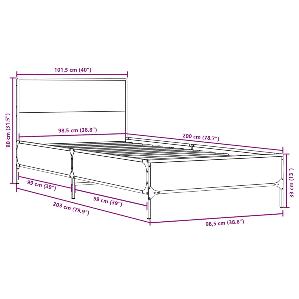 Sengeramme brun eik 100x200 cm konstruert tre og metall