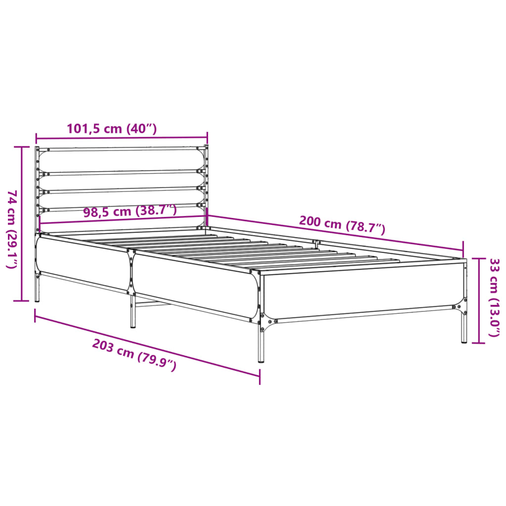 Sengeramme sonoma eik 100x200 cm konstruert tre og metall