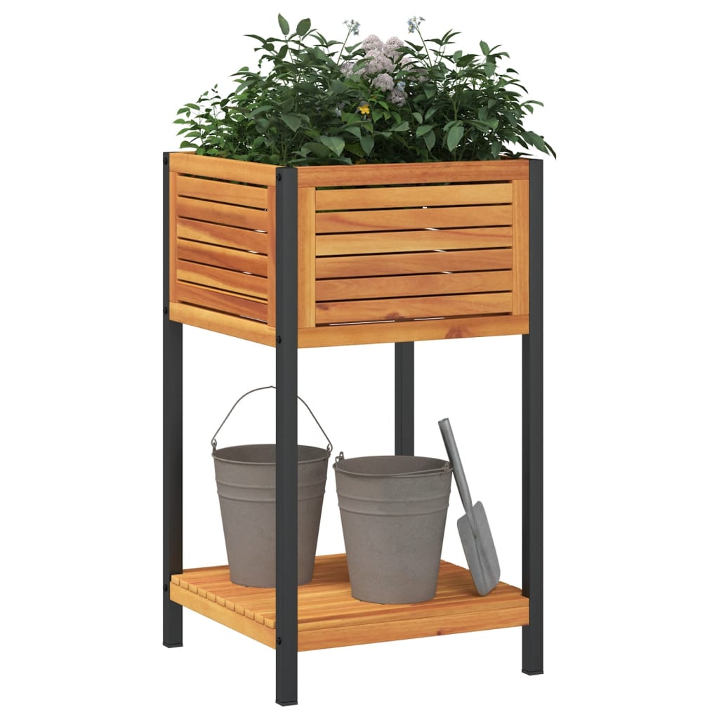 Plantekasse med hylle 45x45x80 cm heltre akasie og stål