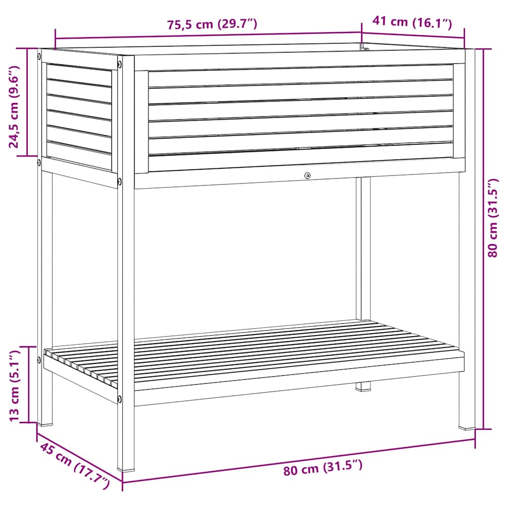 Plantekasse med hylle 80x45x80 cm helte akasie og stål