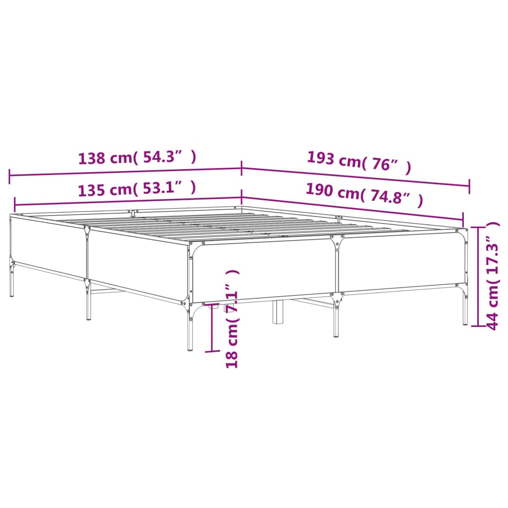 Sengeramme sonoma eik 135x190 cm konstruert tre og metall