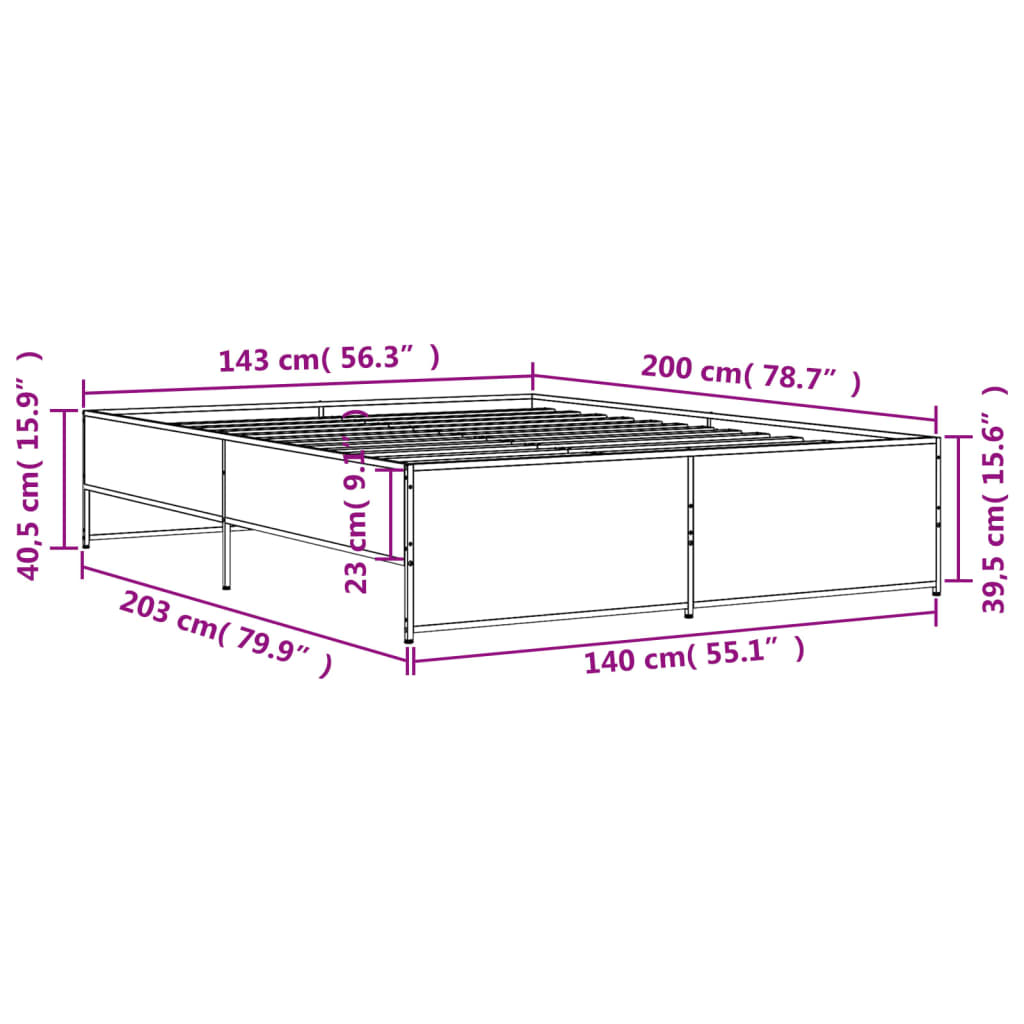 Sengeramme brun eik 140x200 cm konstruert tre og metall