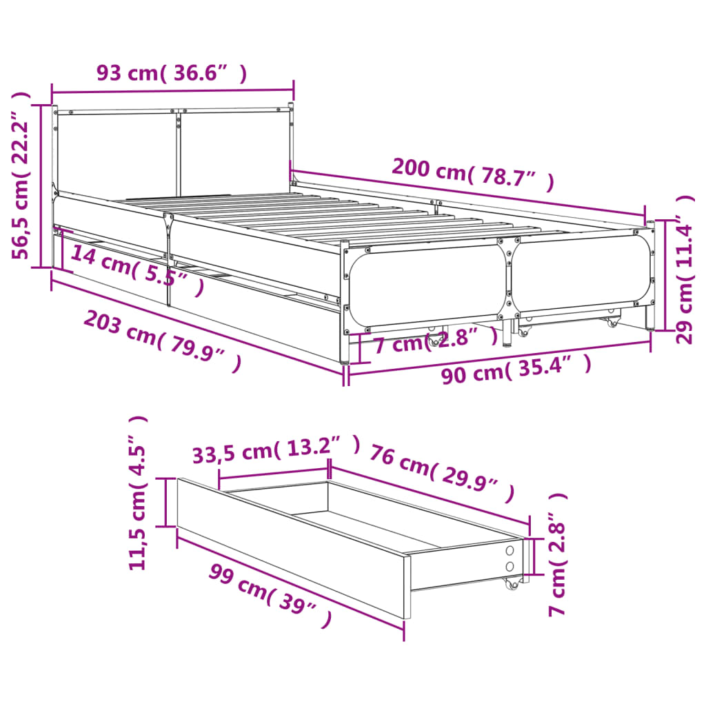Sengeramme med skuffer svart 90x200 cm konstruert tre