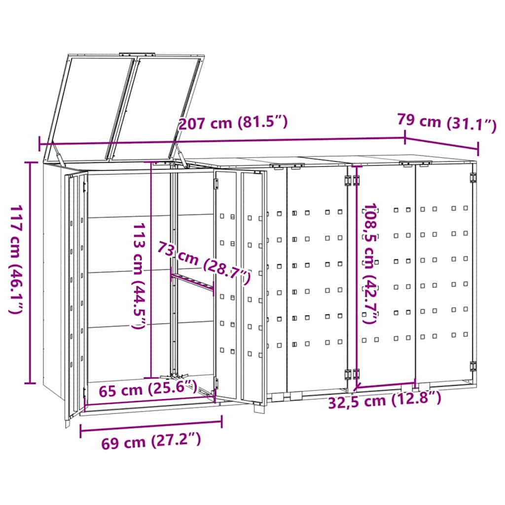 Søppeldunkskur for 3 dunker grå 207x79x117 cm stål