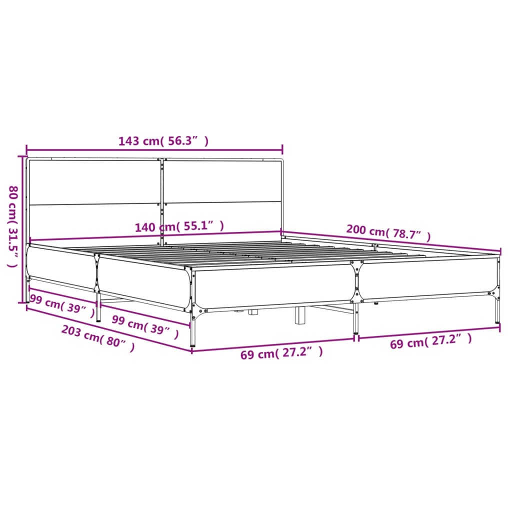 Sengeramme røkt eik 140x200 cm konstruert tre og metall