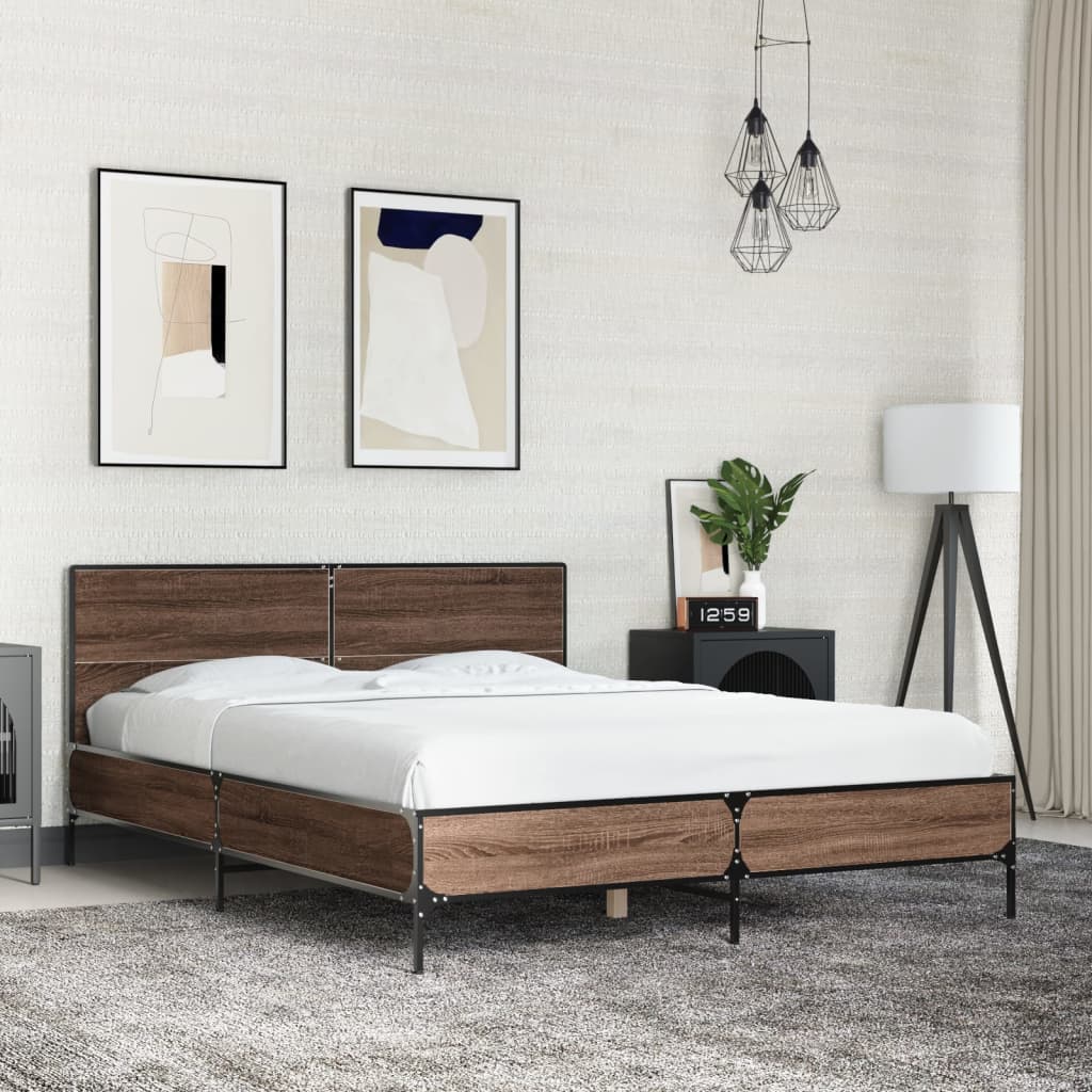 Sengeramme brun eik 140x200 cm konstruert tre og metall
