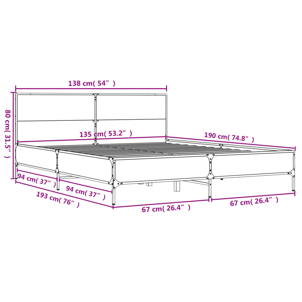 Sengeramme sonoma eik 135x190 cm konstruert tre og metall