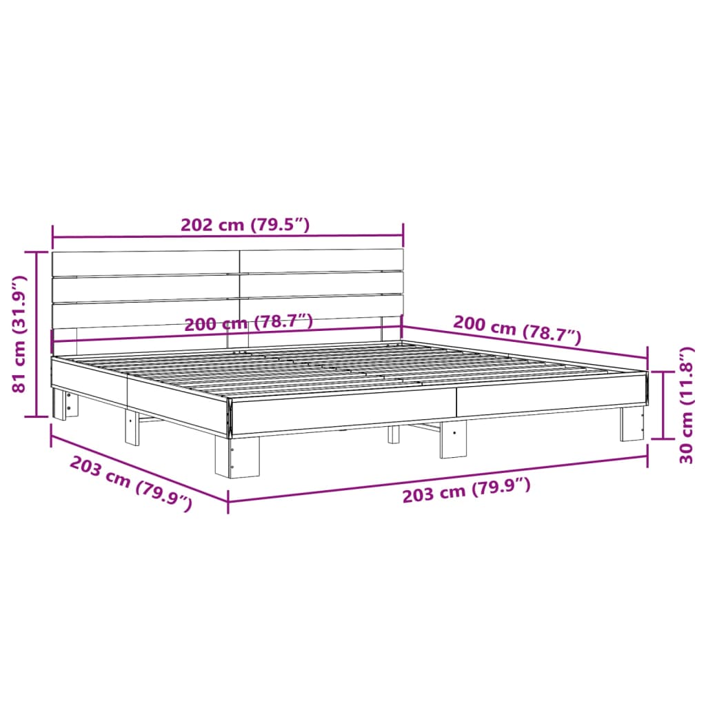 Sengeramme sonoma eik 200x200 cm konstruert tre og metall