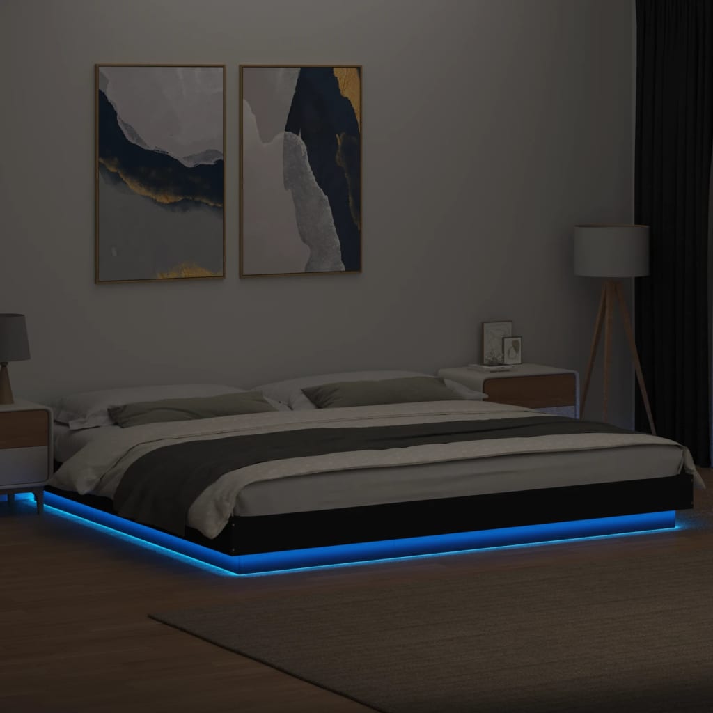 Sengeramme med LED-lys svart 200x200 cm konstruert tre