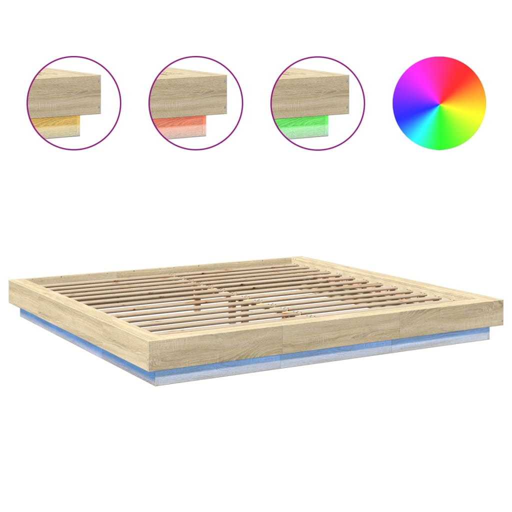 Sengeramme med LED-lys sonoma eik 200x200 cm konstruert tre