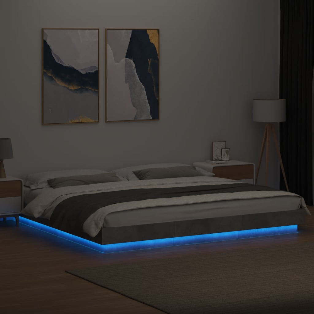 Sengeramme med LED-lys betonggrå 180x200 cm konstruert tre