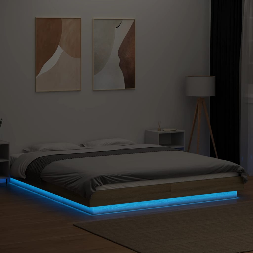 Sengeramme med LED-lys sonoma eik 160x200 cm konstruert tre
