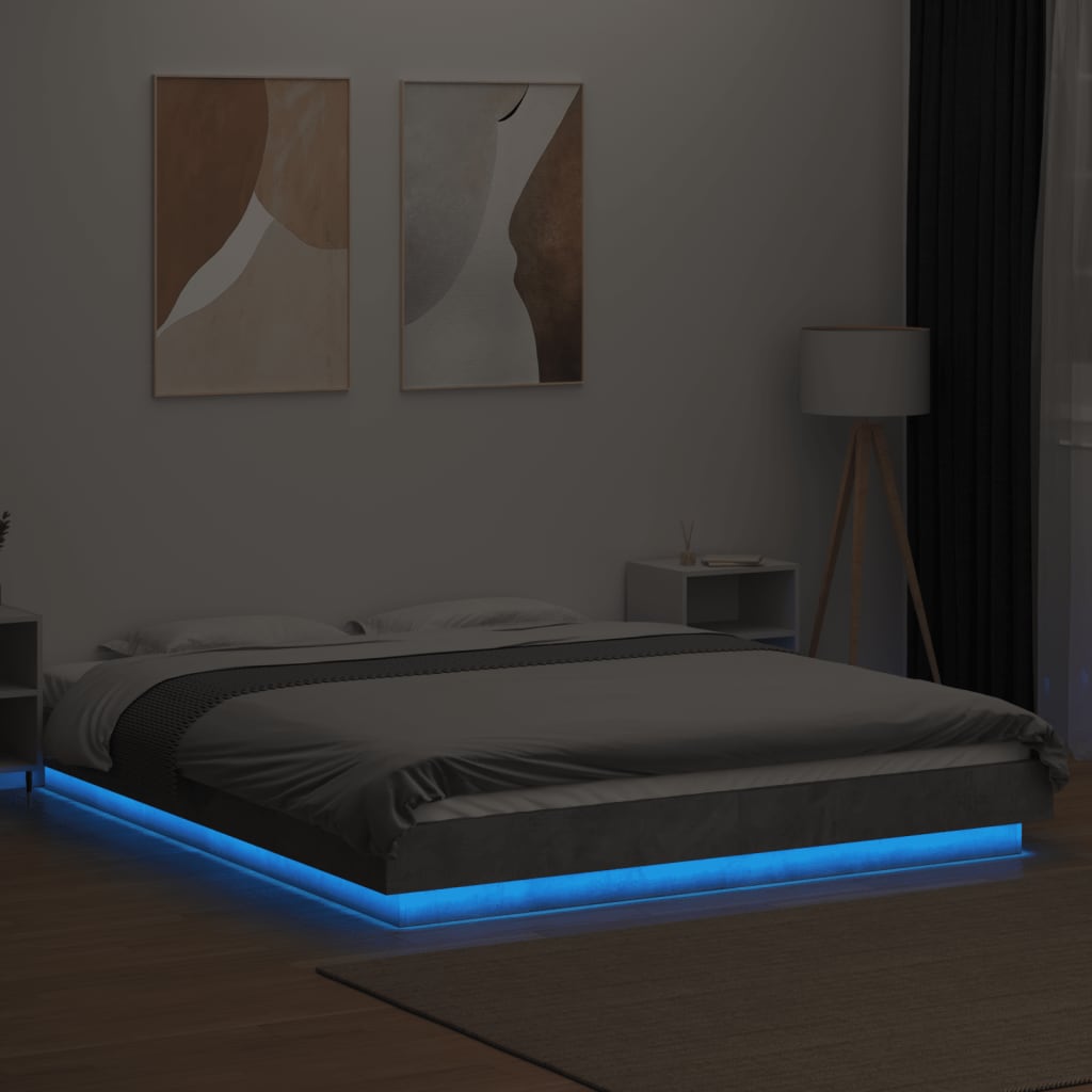 Sengeramme med LED-lys betonggrå 150x200 cm konstruert tre