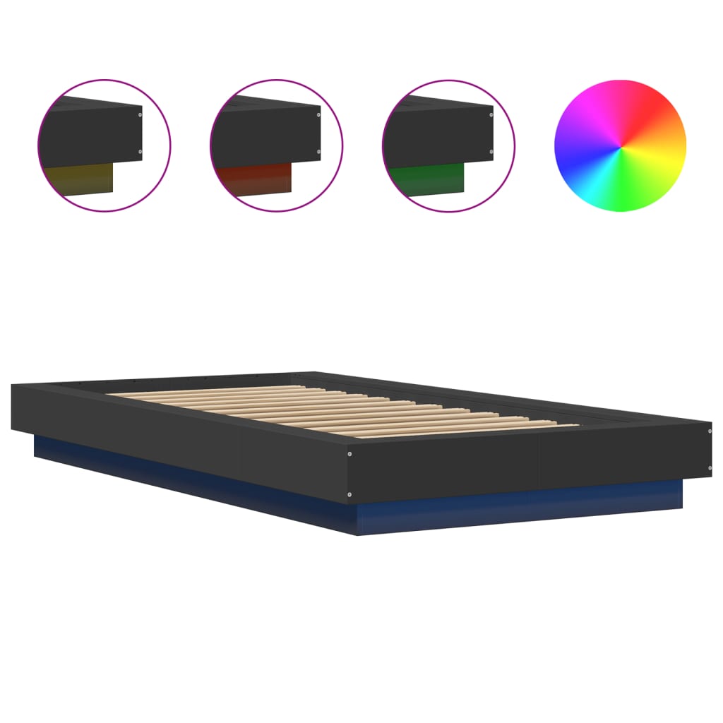 Sengeramme med LED-lys svart 100x200 cm konstruert tre