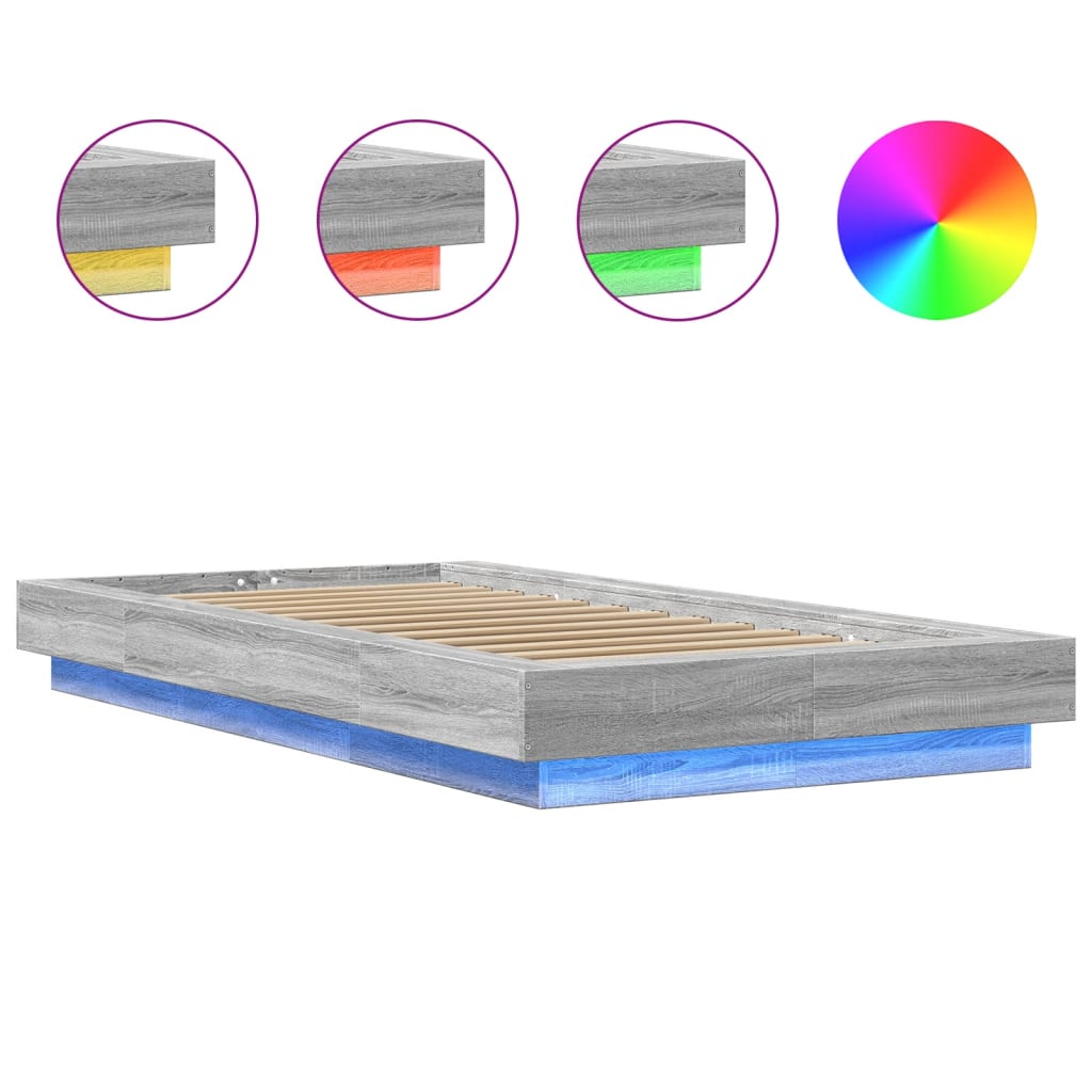 Sengeramme med LED-lys grå sonoma 90x200 cm konstruert tre