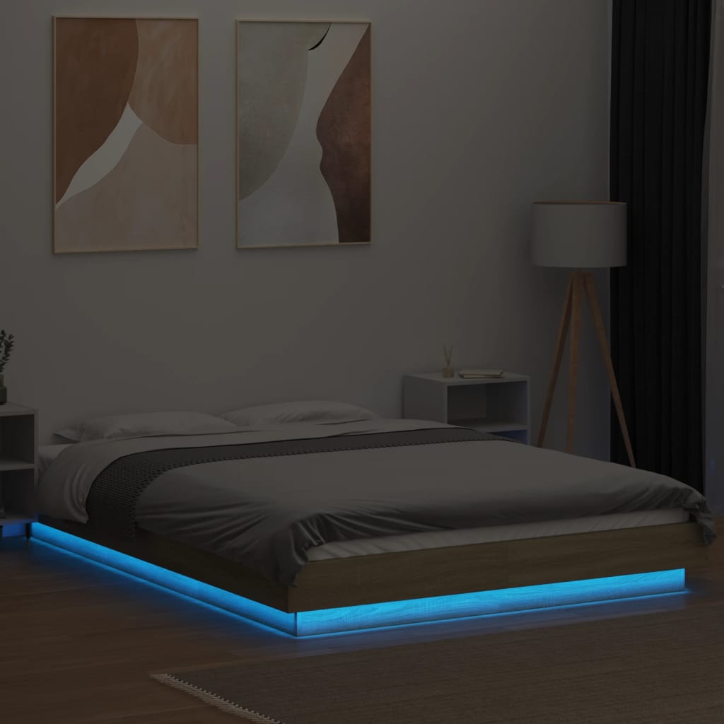 Sengeramme med LED-lys sonoma eik 140x190 cm konstruert tre