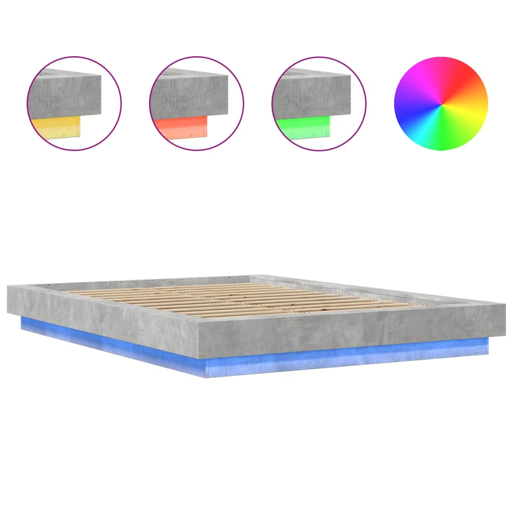 Sengeramme med LED-lys betonggrå 140x190 cm konstruert tre